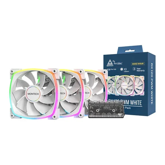 Montec RX120 PWM White 120mm Reversible ARGB PWM Triple Fan Pack, image 1 of 1