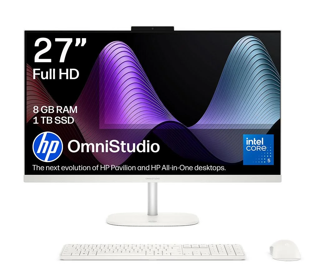 HP OmniStudio 27-cu0003na 27" All-in-One PC - Intel Core 5, 1 TB SSD, Cotton White, White, image 1 of 1