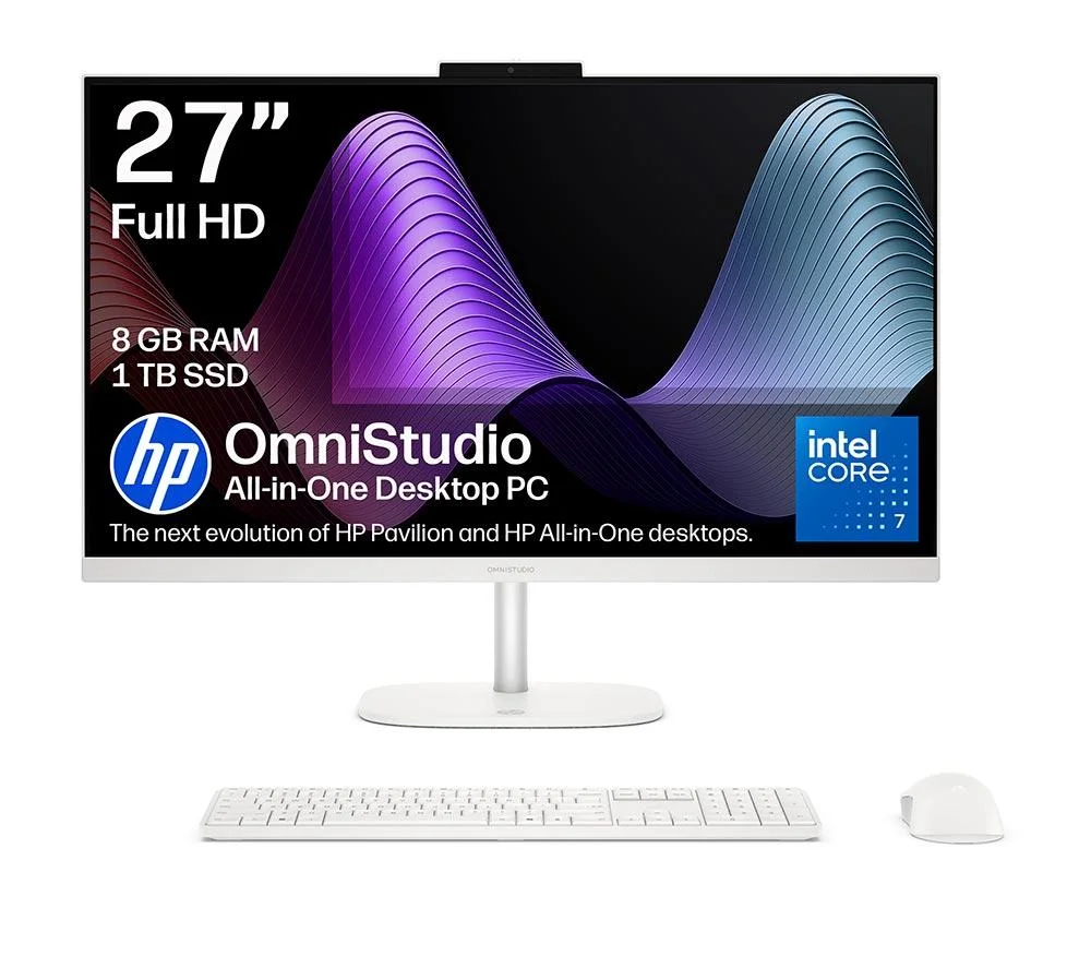 HP OmniStudio 27-cu0011na 27" All-in-One PC - Intel Core 7, 1 TB SSD, Cotton White, White, image 1 of 1