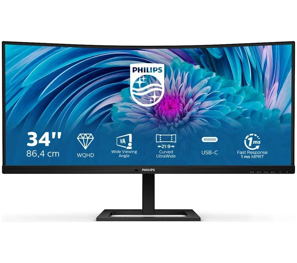 PHILIPS 346E2CUAE/00 Wide Quad HD 34" Curved VA LCD Monitor - Black, image 1 of 1