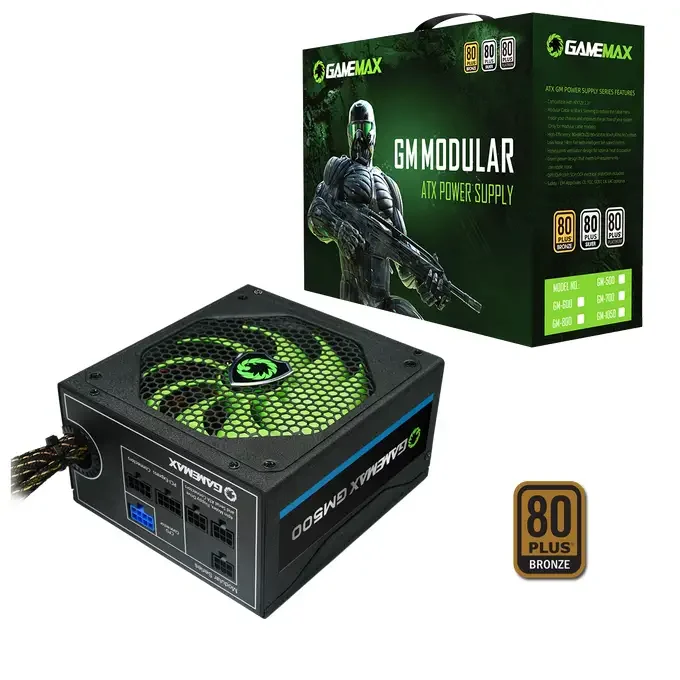 GameMax GM-500 80 Plus Bronze 500 W Modular Active PFC 14CM Fan ATX Power Supply Unit - Black, image 1 of 1