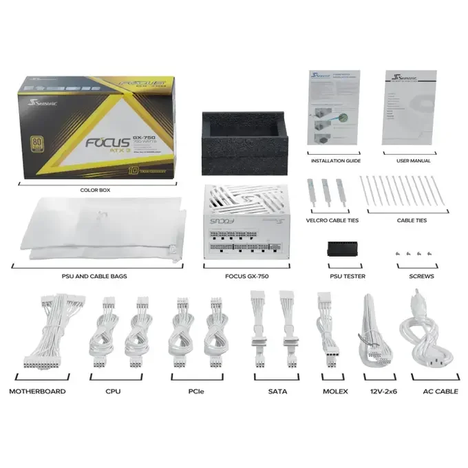 Seasonic Focus GX-750 750w ATX 3.1 80 Gold Modular Power Supply - White - FOCUS-GX-750-V4-WHITE, image 1 of 1