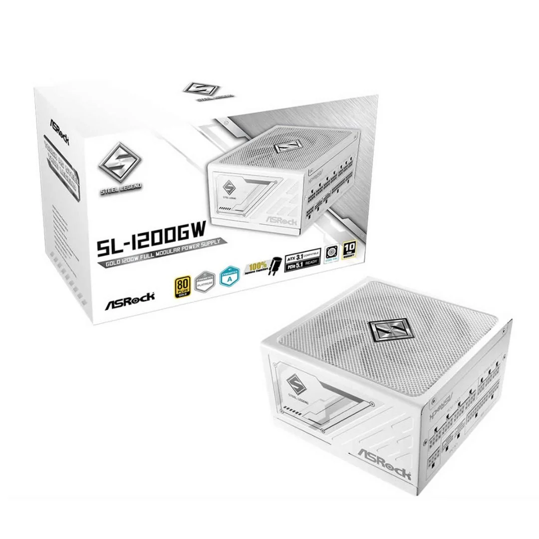 ASRock Steel Legend SL-1200G Gold ATX 3.1 White PSU - 1200W Power Supply PCIe 5.1 Fully-Mod, image 1 of 1