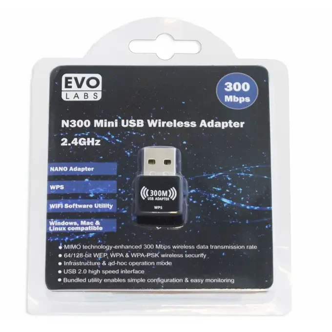 Evo Labs N300 Wireless N Mini USB Wi-Fi Network Adapter, image 1 of 1